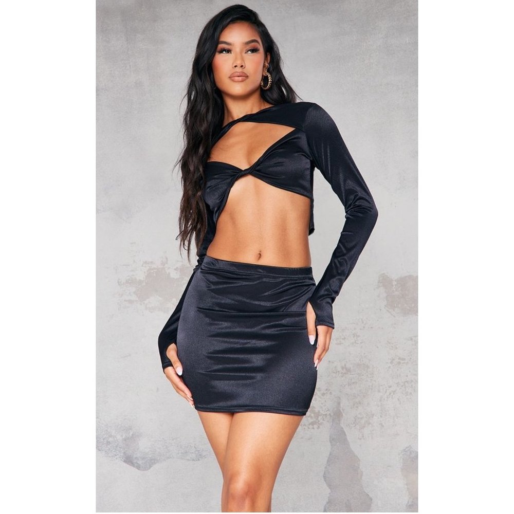 black high shine Mini skirt cord set